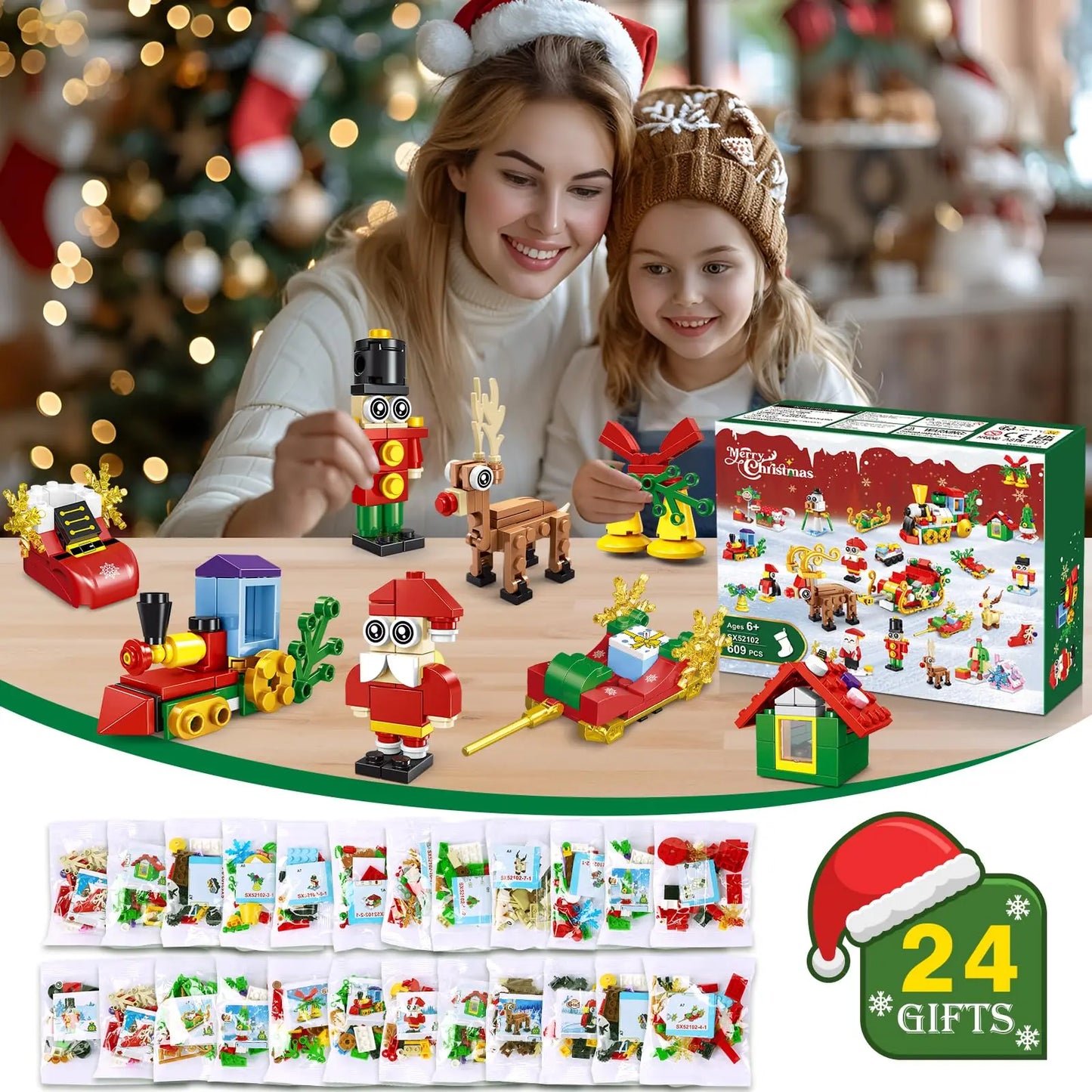 2024 Christmas Building Toy- 24 Pack Christmas Countdown Playset 50 Models Party Favors Xmas Tree Santa Train Gift for Kids6+