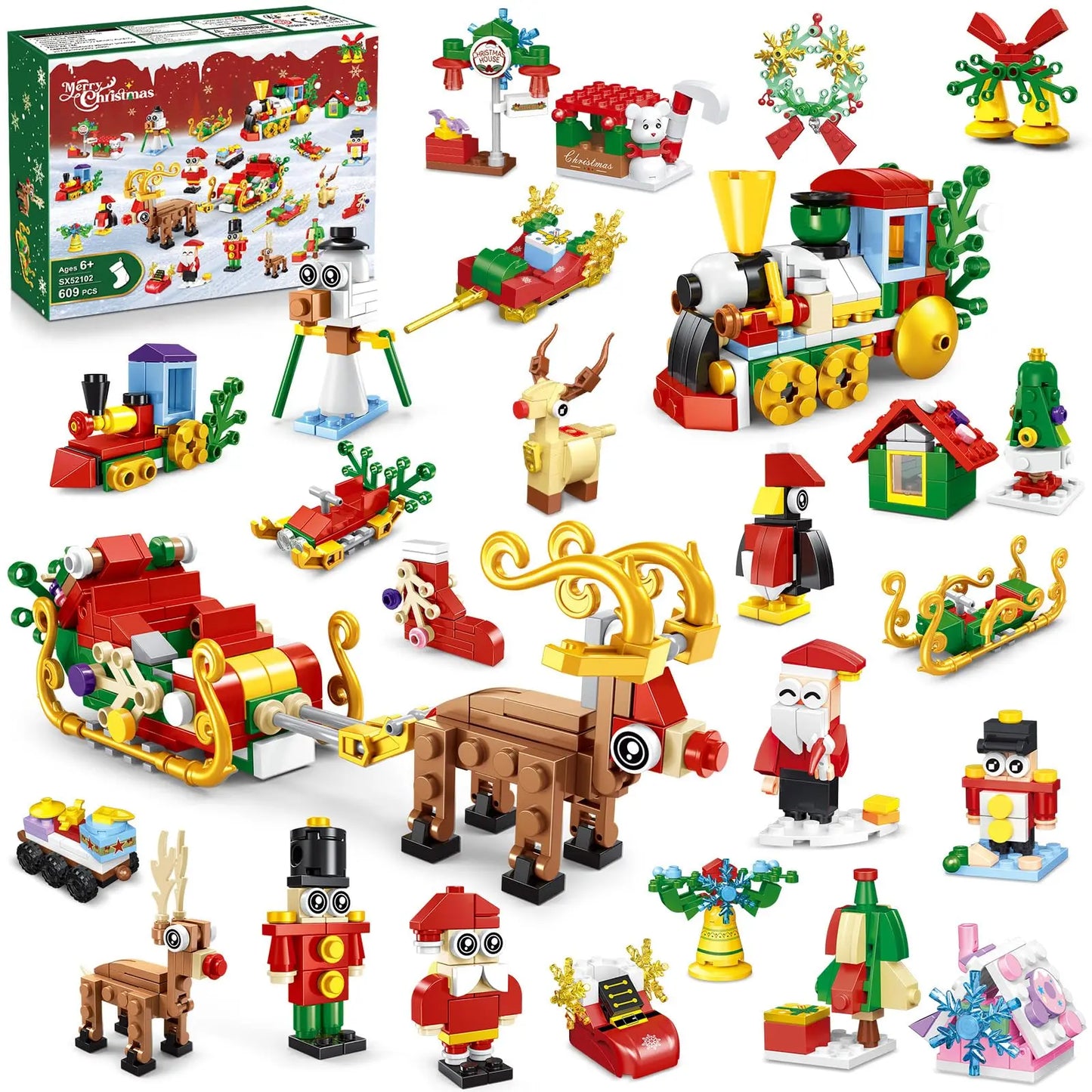 2024 Christmas Building Toy- 24 Pack Christmas Countdown Playset 50 Models Party Favors Xmas Tree Santa Train Gift for Kids6+