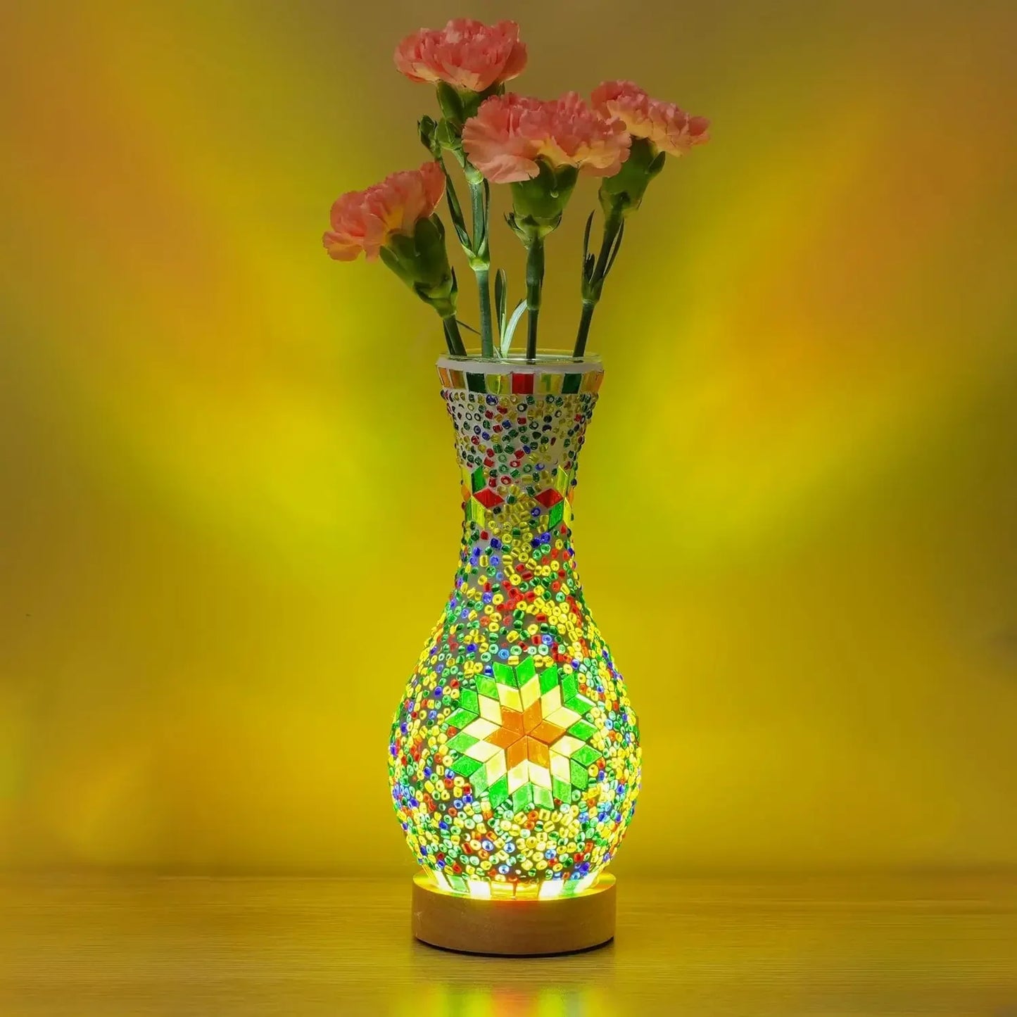 Mosaic Vase Lamp, Turkish Moroccan Table Lamp,Colorful Handmade Glass Vase with Wood Base for Flowers, USB Charge Decor Light