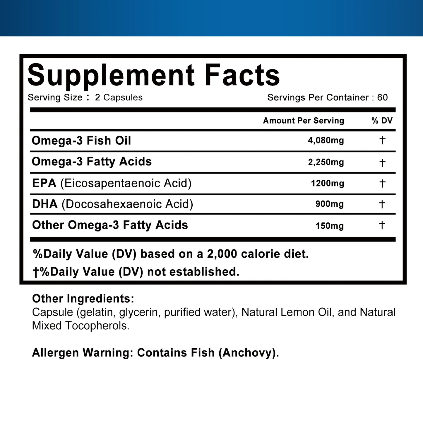 Omega 3 Fish Oil -  Support Brain Nervous System Good for Cardiovascular & Skin Health Antioxidant - 120 Capsules