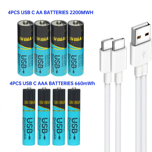 AA Battery USB 2200mWh 1.5v AAA Lithium USB Rechargeable Batteries 660mWh for Remote Control Toys Keyboards & Wireless Mice