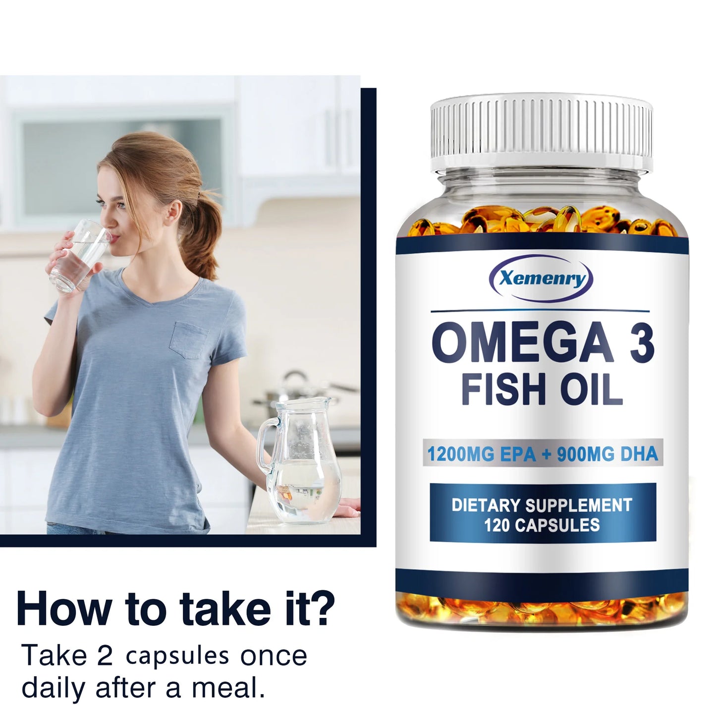 Omega 3 Fish Oil -  Support Brain Nervous System Good for Cardiovascular & Skin Health Antioxidant - 120 Capsules