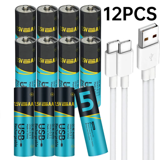 Skywolfeye 12pcs 1.5V 2200 mWh Lithium AA USB Rechargeable Batteries Usb C AA Battery for Remote Controls Electric Toys