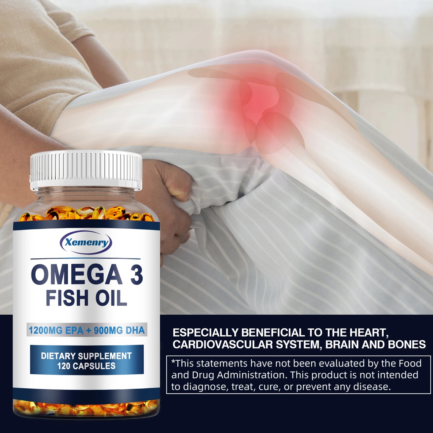 Omega 3 Fish Oil -  Support Brain Nervous System Good for Cardiovascular & Skin Health Antioxidant - 120 Capsules