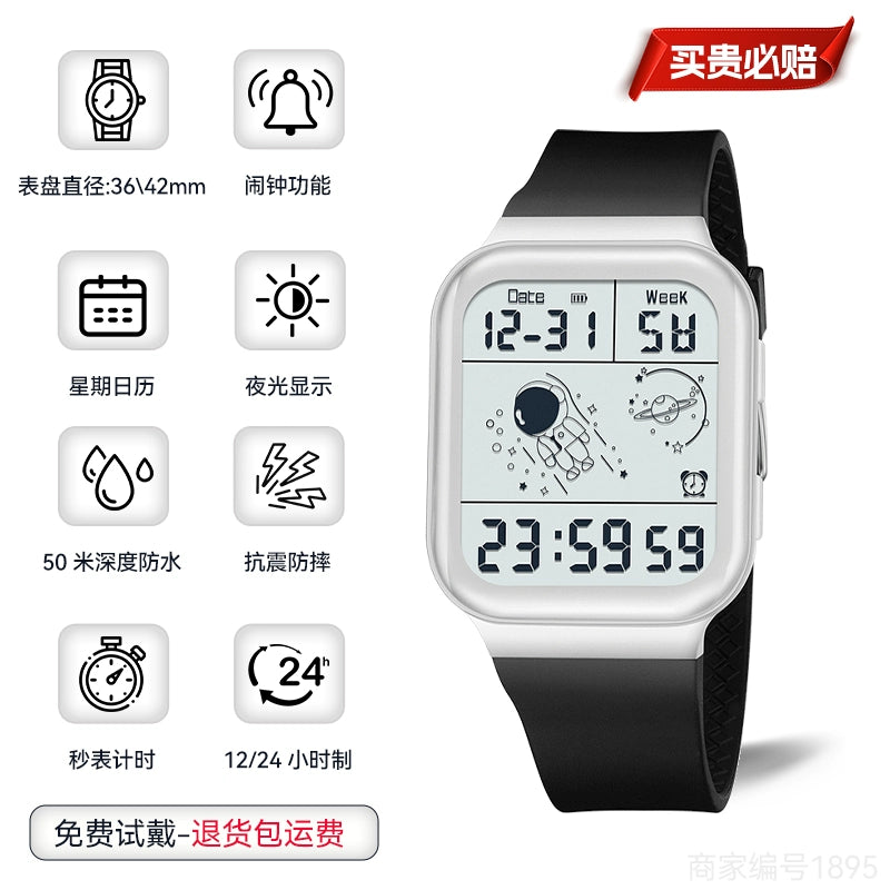 Digital Watch Men and Women Couple Student Luminous Waterproof Spaceman Alarm Clock Sports Timing Multifunctional Trendy Drop-Resistant