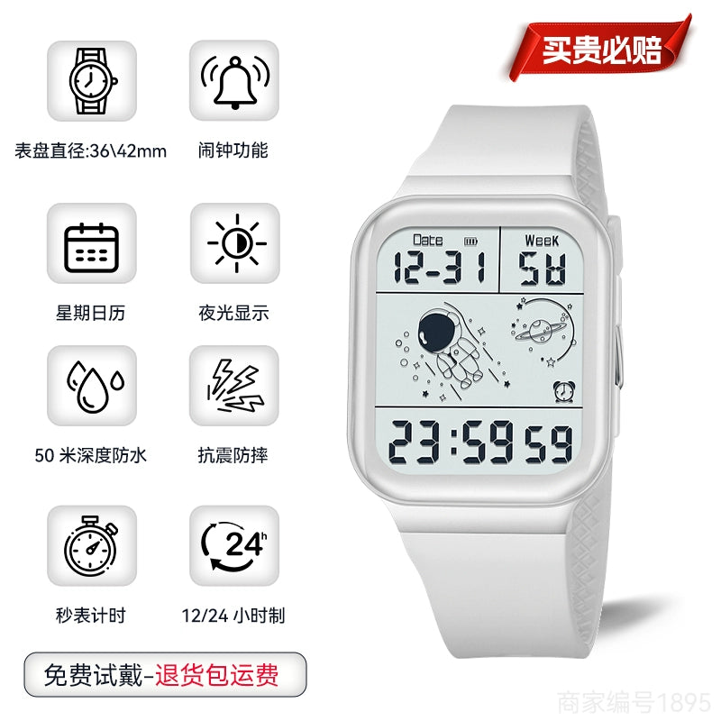 Digital Watch Men and Women Couple Student Luminous Waterproof Spaceman Alarm Clock Sports Timing Multifunctional Trendy Drop-Resistant