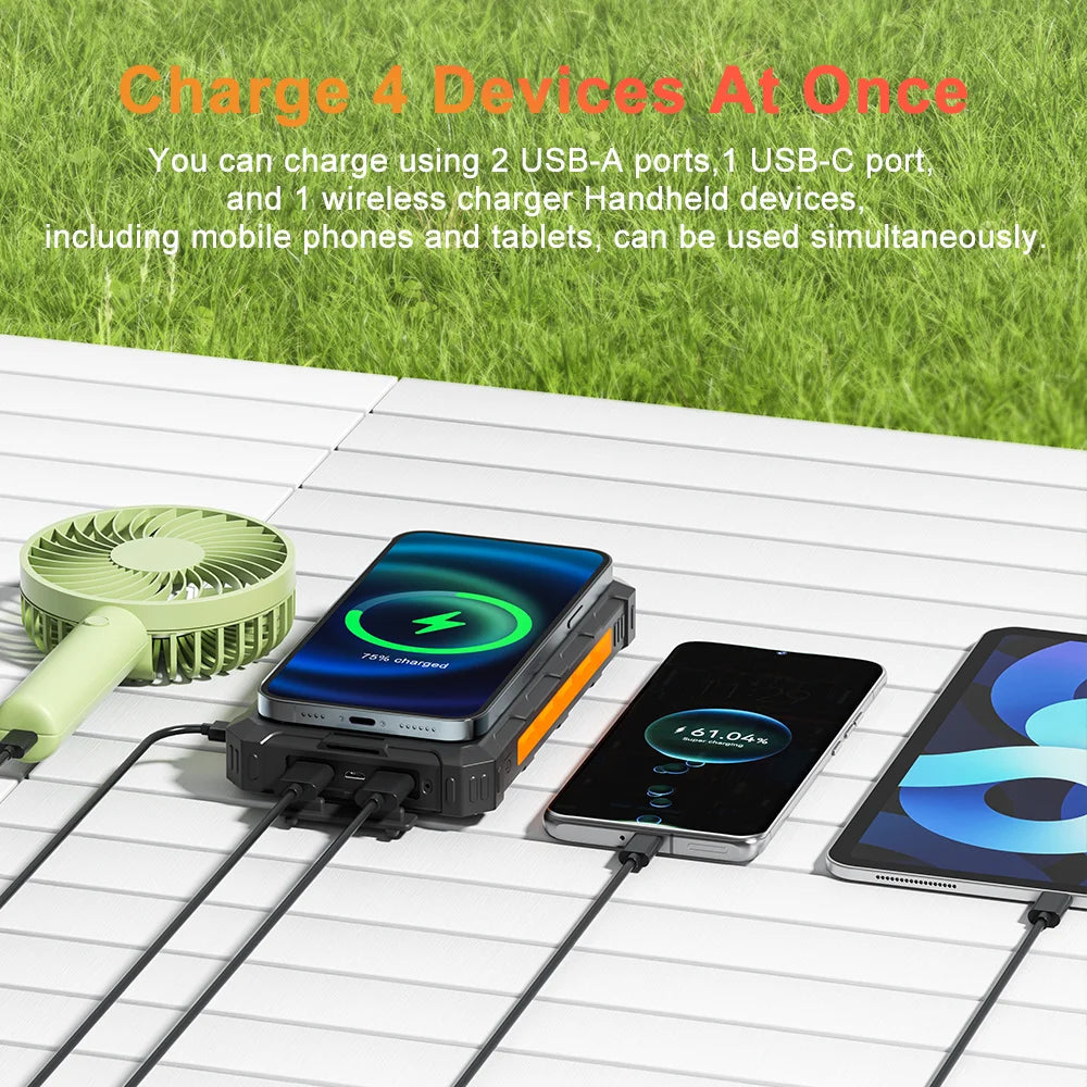 20000mAh wireless charging solar power bank, waterproof and dustproof with flashlight, outdoor hunting and camping accessories