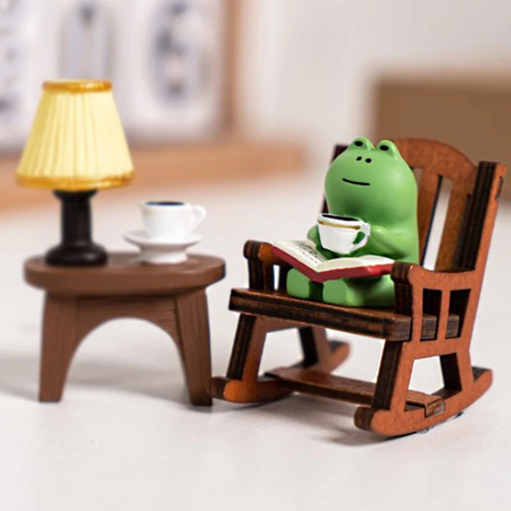 Handmade DIY Micro Rocking Chair Cute Mini Frog Resin Figurine Rocking Chair Design with Book Coffee Home Office Desktop Crafts