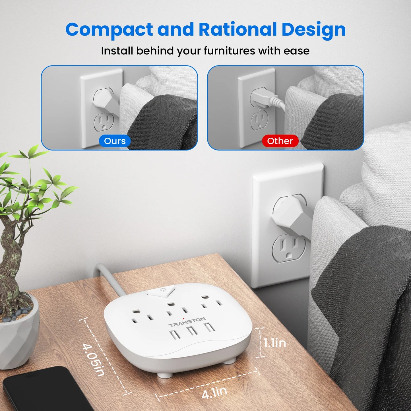 Power socket with switch, 3 sockets, 3 USB Ports, 5ft Extension Cord, Quick Charge, Fire Resistant, For Home and Office, White