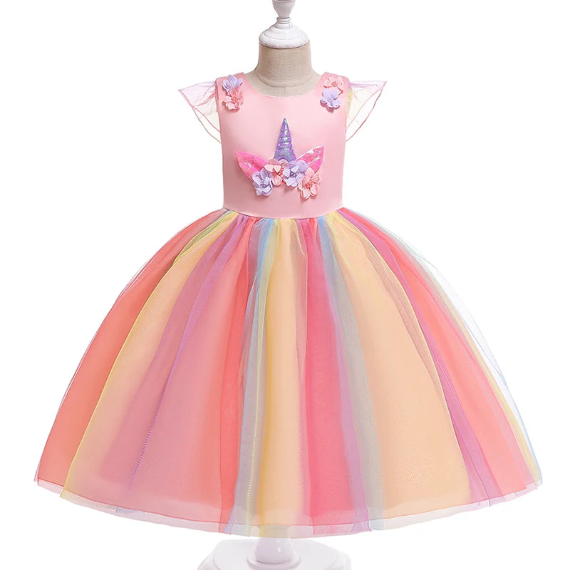 Girl Unicorn Cosplay Party Dress Rainbow Tutu Gown Kids Floral Summer Dresses Girls Birthday Tulle Clothes Children New Costumes