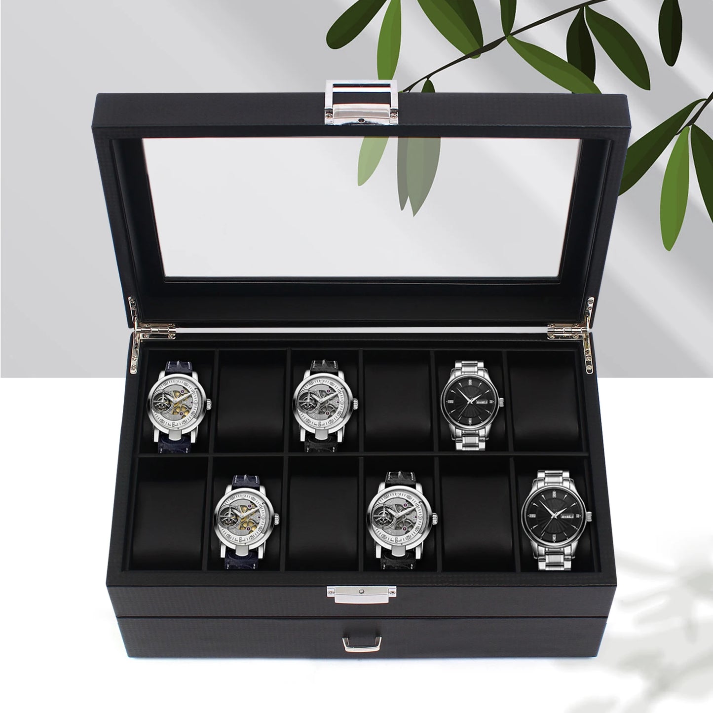 Watch Box 24 Mens Case Glass Top Black and Display Organizer Lockable