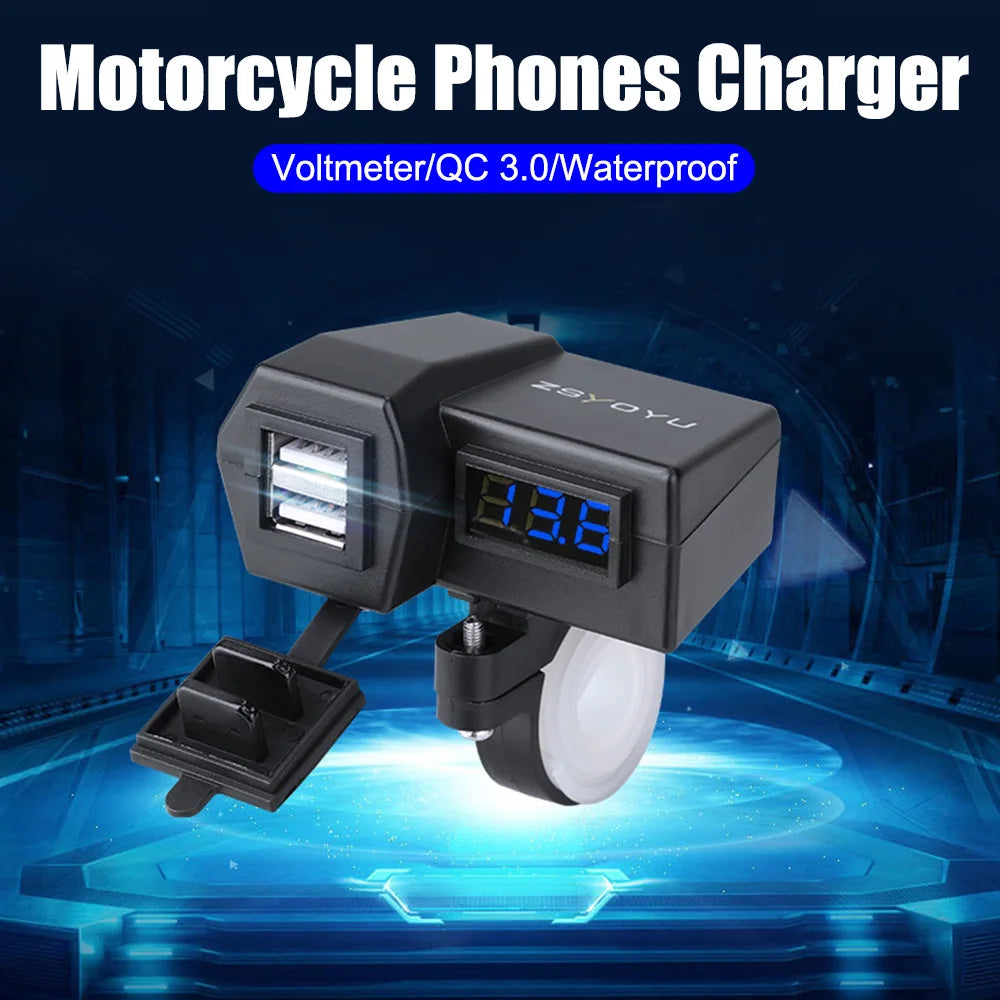 Splitter With 25A Fuse 12-24V With Voltmeter Waterproof Cover 5V 3.6A Quick Charge 3.0 Motorcycle USB Chargers Dual Ports