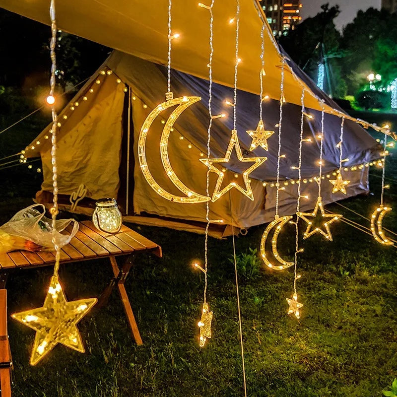 LED Christmas Holiday Stars&Moon Garland String Lights Fairy Room Curtain Lighting Home New Year Party Wedding Room Decoration