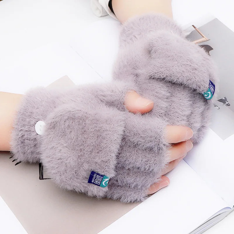 Plush Gloves Female Winter Warm Open-Fingered Flip Gloves Outdoor Gloves Thickened Cold Explosion-Proof Unisex