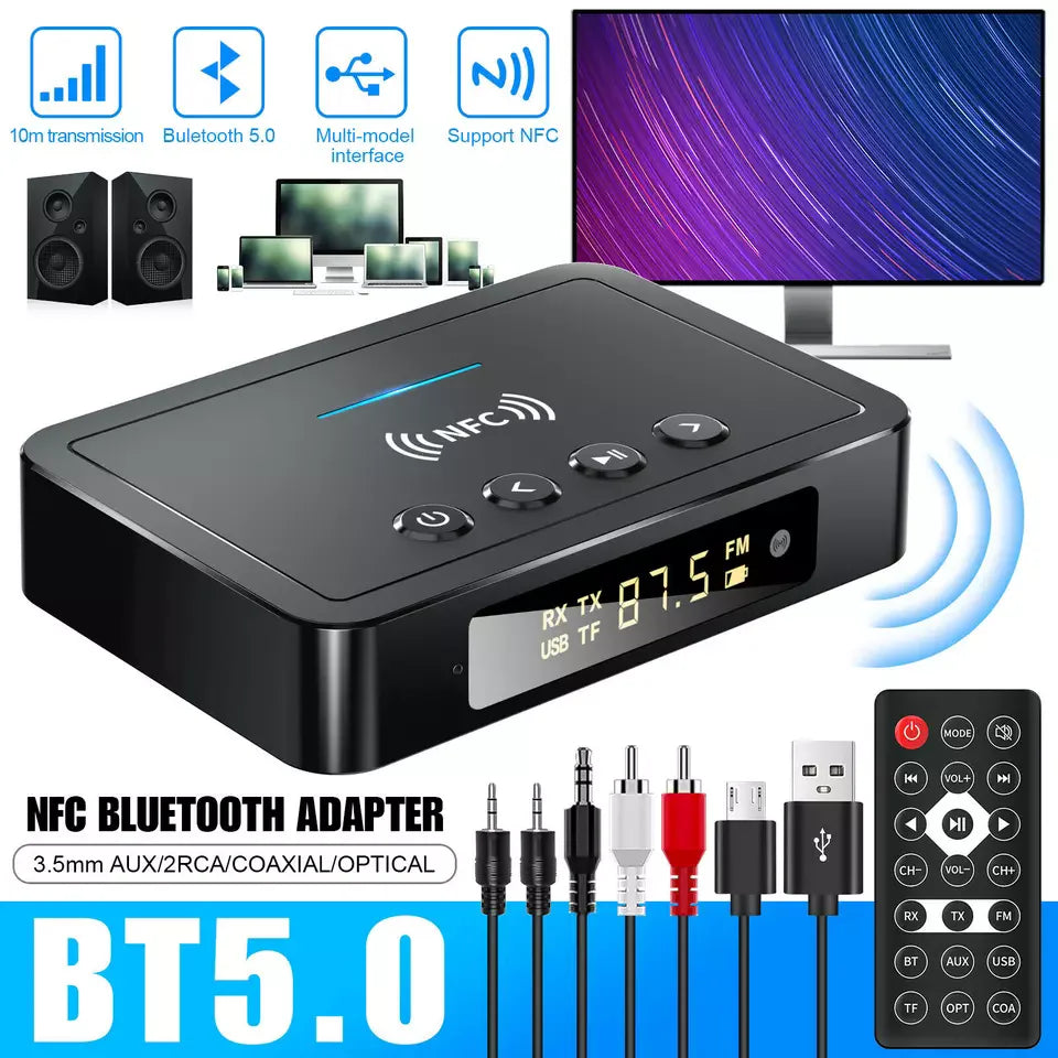 Bluetooth 5.0 Transmitter Receiver Wireless 3.5mm Adapter AUX NFC to 2 RCA Audio