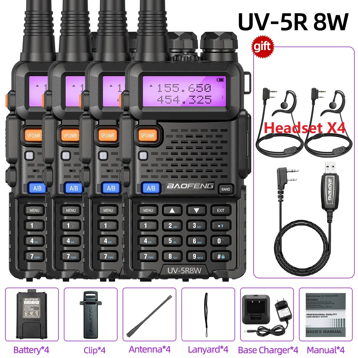 4X Baofeng UV-5R 8W Walkie Talkie Dual Band VHF UHF Long Range High Power Ham Radio UV5R 5R Handheld Two Way Radio For Hunting