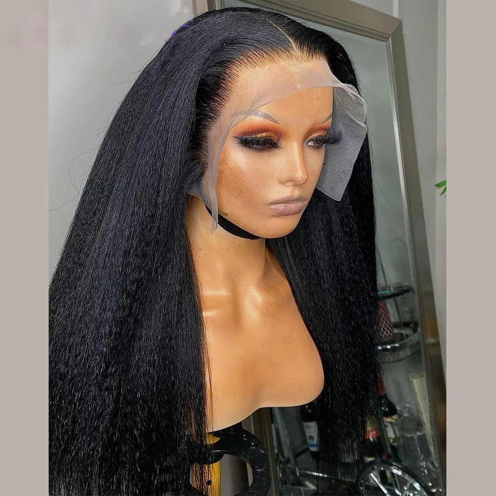 Soft Long 26Inch Yaki Kinky Straight 180Density Natural Black Lace Front Wig For Black Women Preplucked Glueless Baby Hair Daily