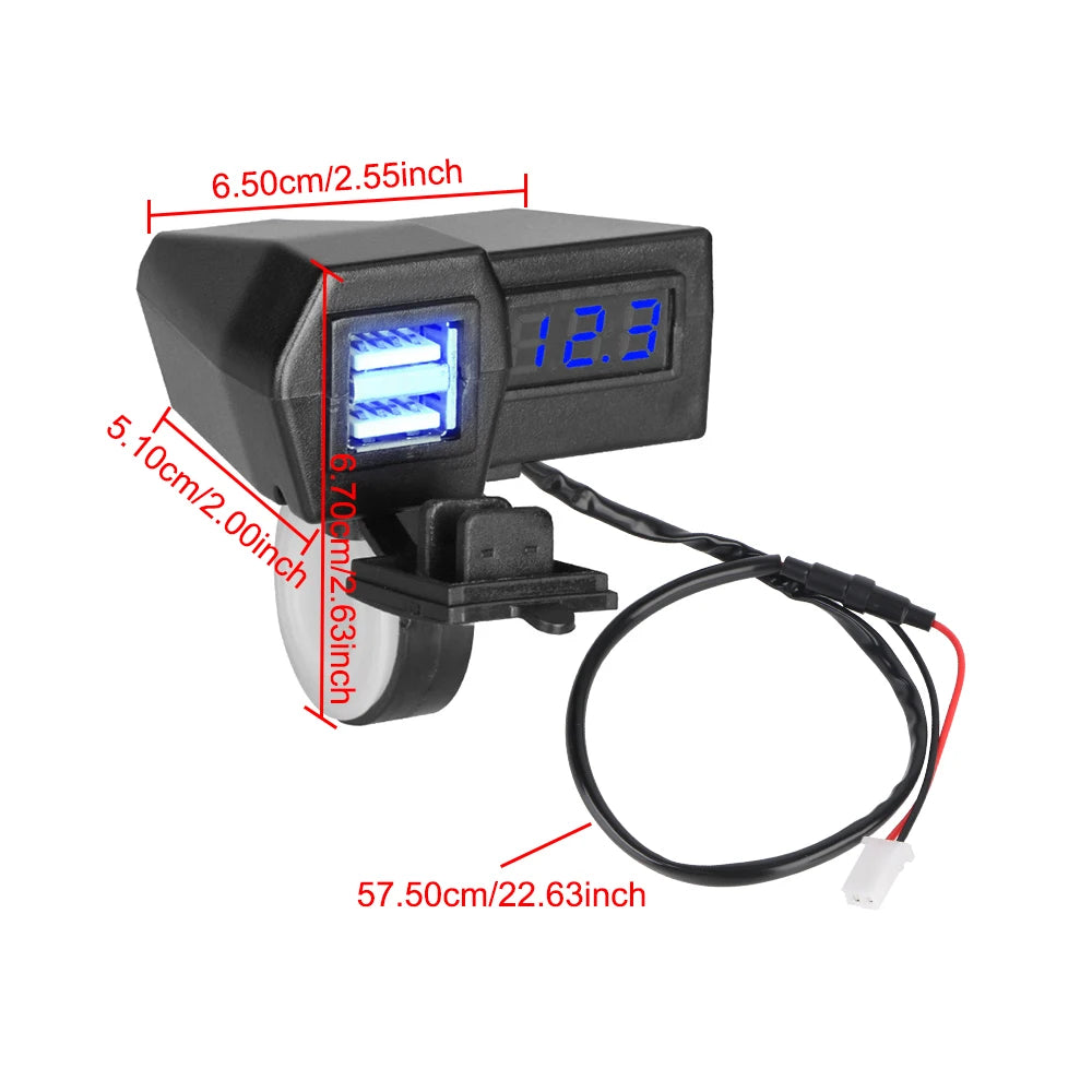 Splitter With 25A Fuse 12-24V With Voltmeter Waterproof Cover 5V 3.6A Quick Charge 3.0 Motorcycle USB Chargers Dual Ports