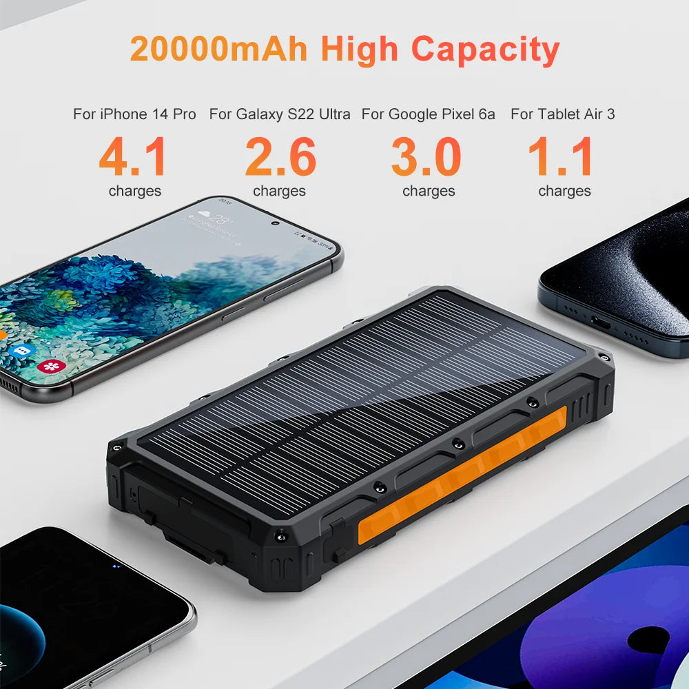 20000mAh wireless charging solar power bank, waterproof and dustproof with flashlight, outdoor hunting and camping accessories