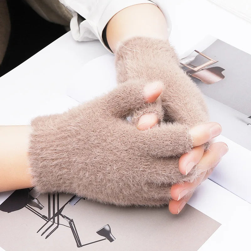 Plush Gloves Female Winter Warm Open-Fingered Flip Gloves Outdoor Gloves Thickened Cold Explosion-Proof Unisex