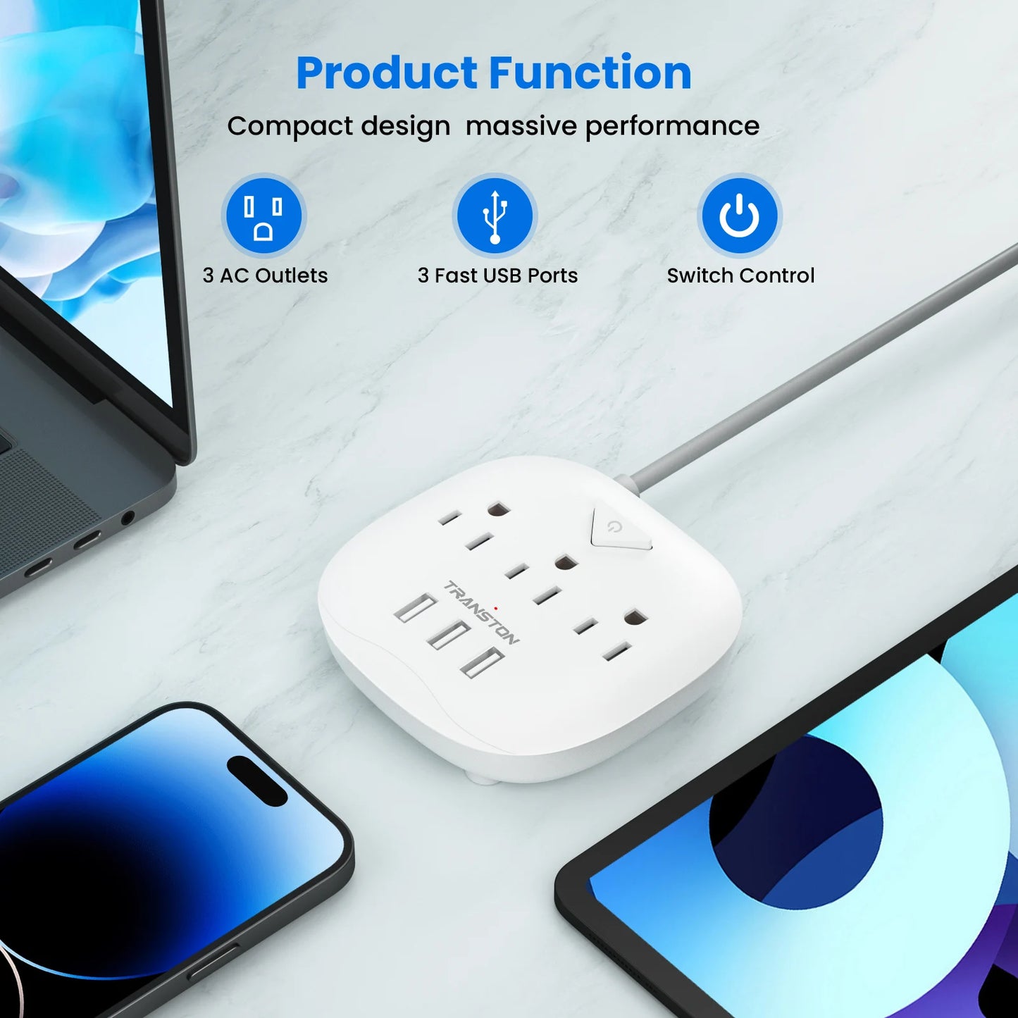 Power socket with switch, 3 sockets, 3 USB Ports, 5ft Extension Cord, Quick Charge, Fire Resistant, For Home and Office, White