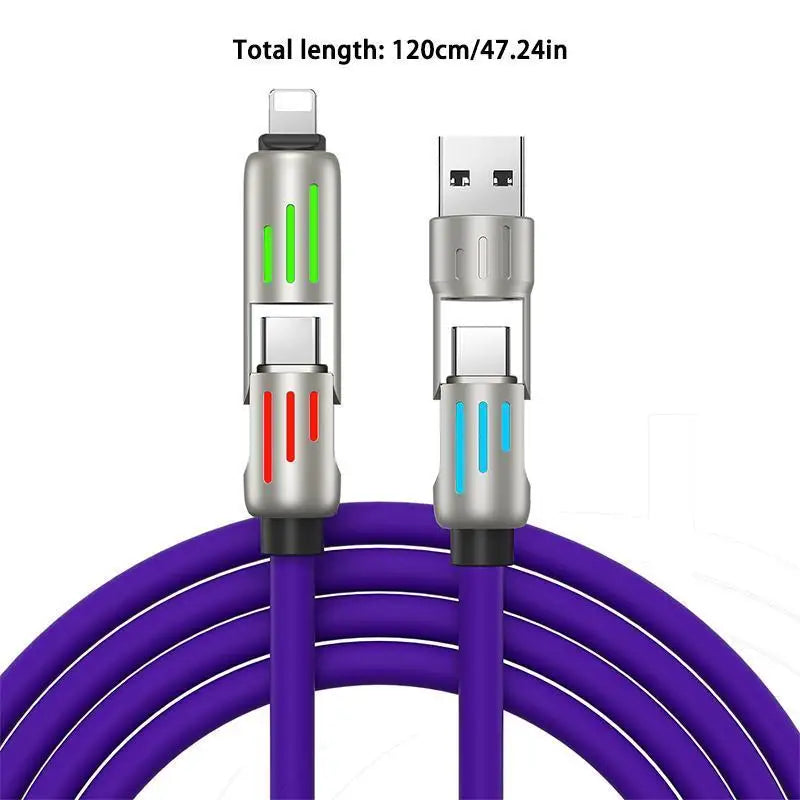 240W 4 in 1 Functional Super Fast Charge USB Type C Liquid Silicone Aluminum Alloy Data Cable For iPhone Huawei Samsung Xiaomi