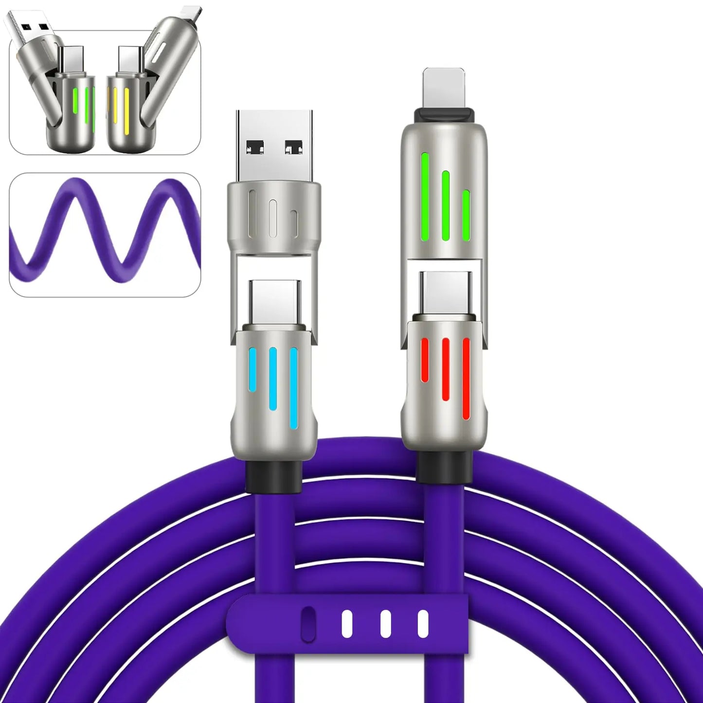 240W 4 in 1 Functional Super Fast Charge USB Type C Liquid Silicone Aluminum Alloy Data Cable For iPhone Huawei Samsung Xiaomi