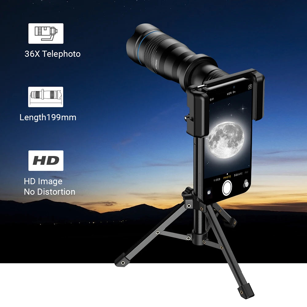 APEXEL 36X Metal Telephoto Lens with Tripod Zoom Telescope Monocular  for iPhone Samsung Shooting Birds Watching Concert Sports