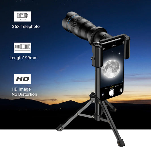 APEXEL 36X Metal Telephoto Lens with Tripod Zoom Telescope Monocular  for iPhone Samsung Shooting Birds Watching Concert Sports