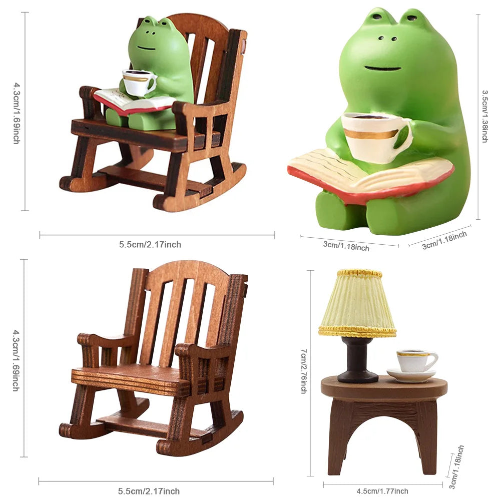 Handmade DIY Micro Rocking Chair Cute Mini Frog Resin Figurine Rocking Chair Design with Book Coffee Home Office Desktop Crafts