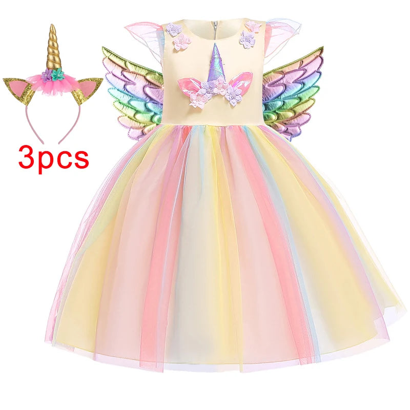 Girl Unicorn Cosplay Party Dress Rainbow Tutu Gown Kids Floral Summer Dresses Girls Birthday Tulle Clothes Children New Costumes