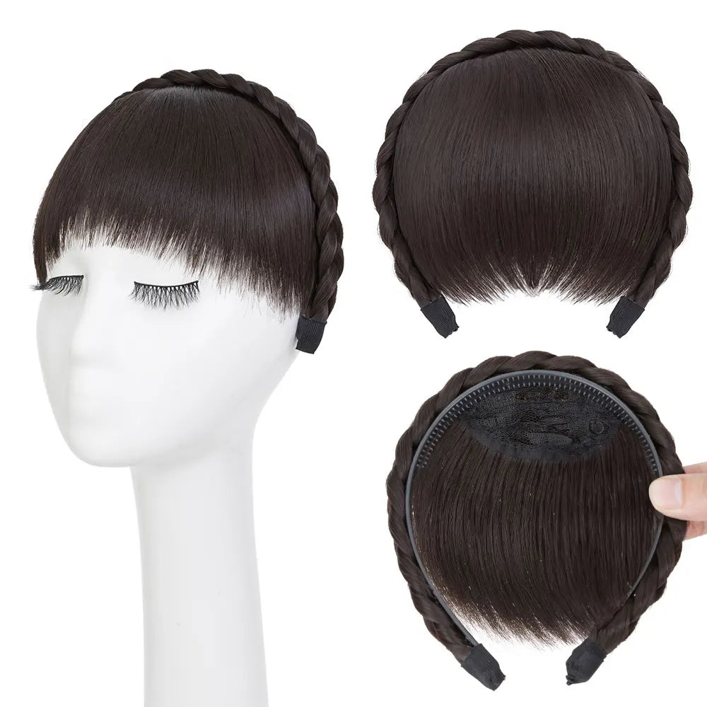 NEW Elegant Braided Headband With Hair Bang for Women Hair Extensions Synthetic Bangs Braided Wig Straight Neat Bangs Hairpieces