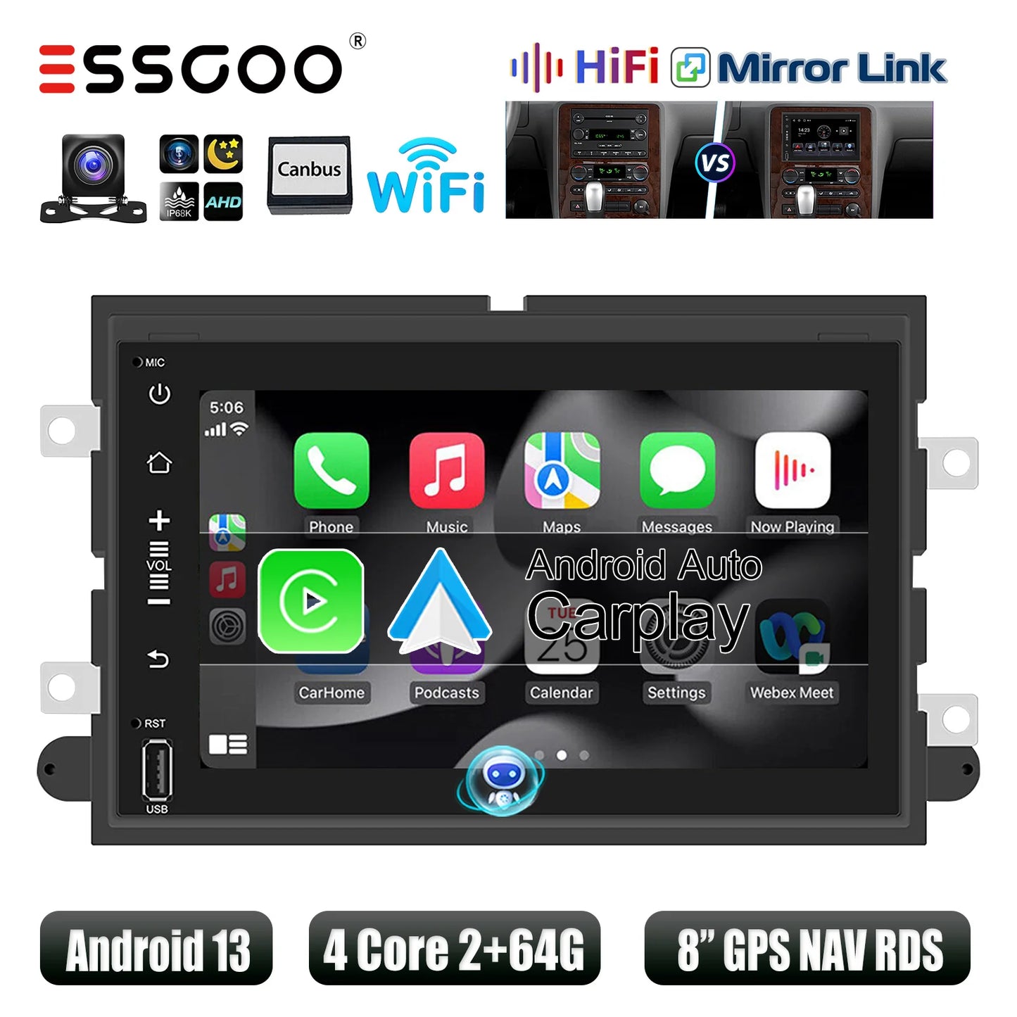 ESSGOO Wireless Carplay Android Auto For Ford F150 250 E350 Mustang 8" Android 13 2+64G Car Stereo GPS WIFI RDS BT FM EQ USB SWC