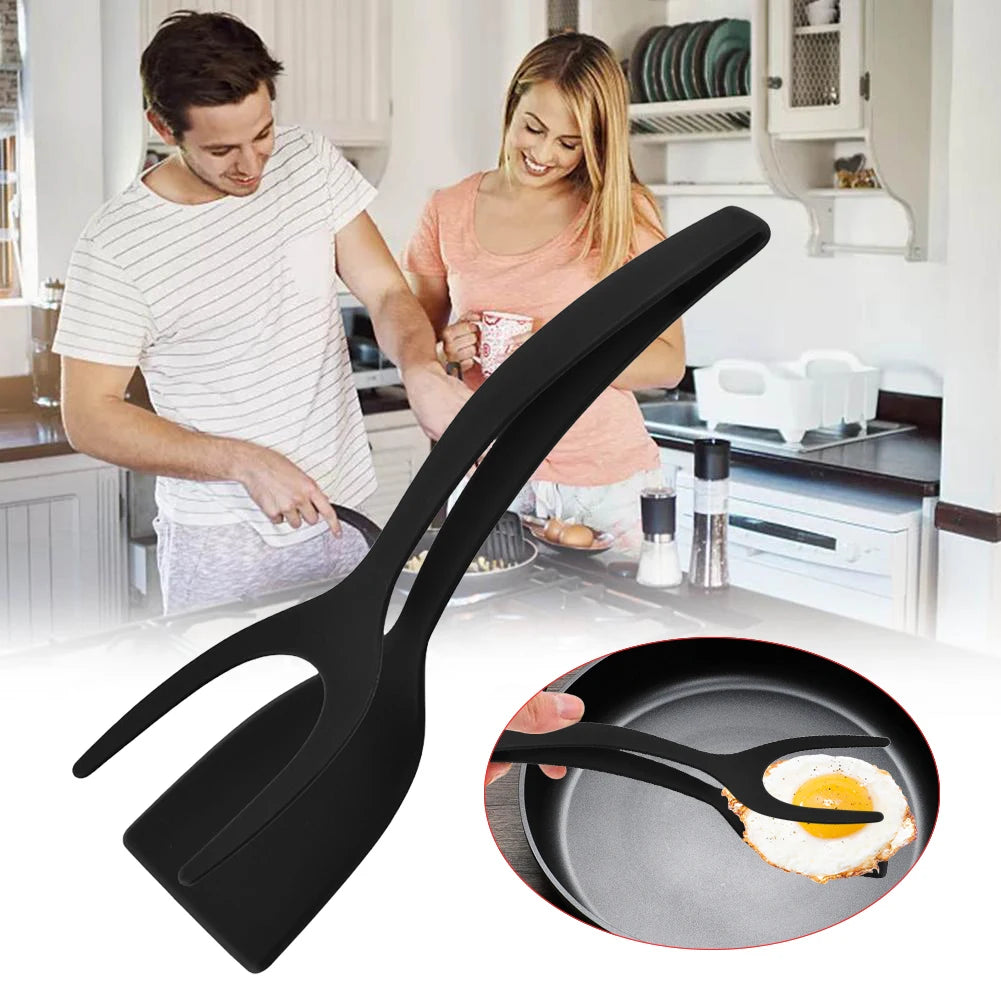 2 In 1 Steak Spatula Tongs Toast Pancake Egg Flip Tongs Silicone Grip Steak Spatula Tongs Clamp Cooking Accessories Gadget Tools