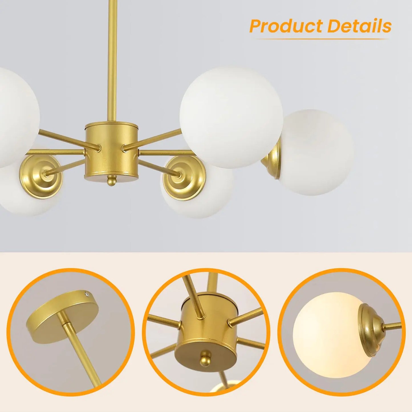 Modern Gold Globe Sputnik Chandelier, 6-Light Mid Century Pendant Light Fixtures with Glass Ball Shades, Elegant Vintage Design