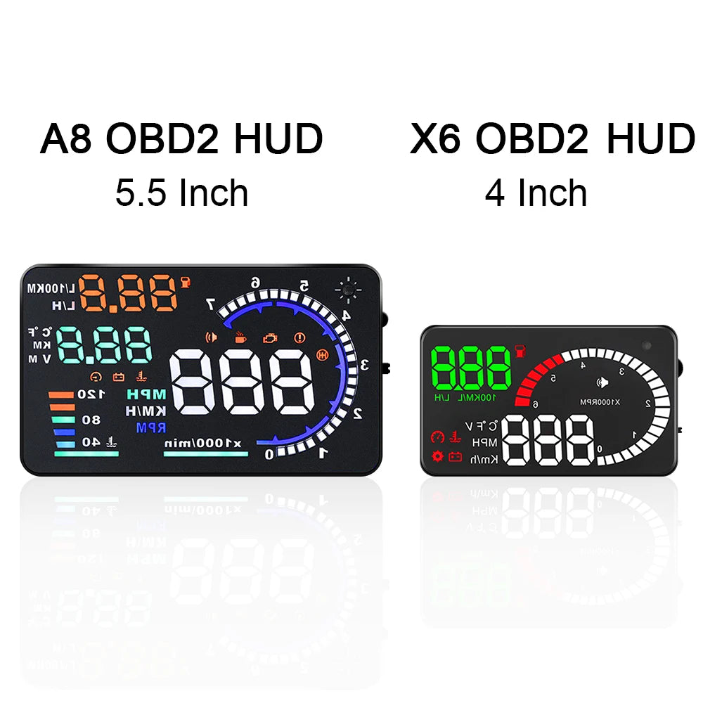 OBD2 HUD Car Head Up Display Voltage Alarm LED Windshield Projector 4" X6 Data Diagnostic Tool Speed Fuel Warning 5.5" A8