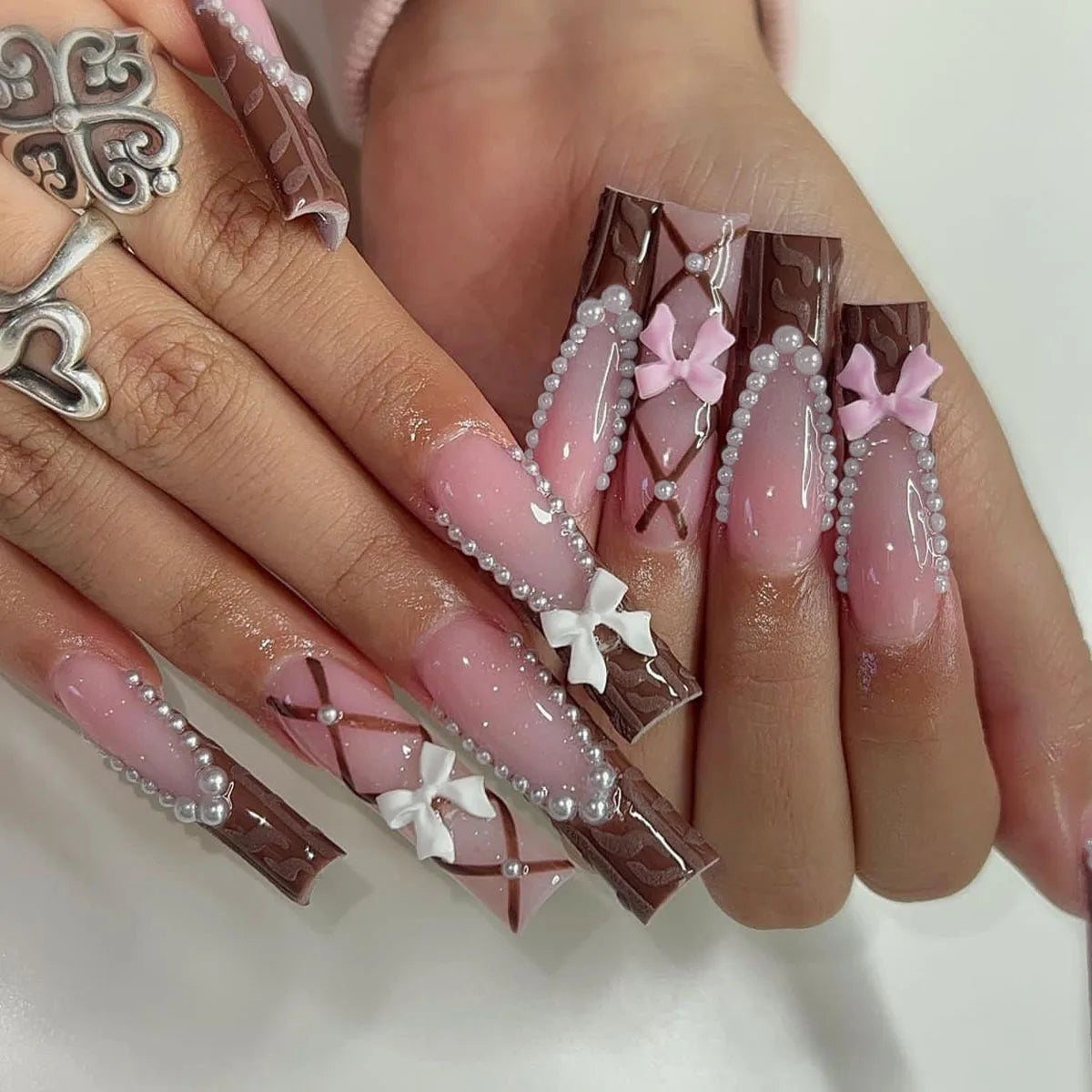 24Pcs Long Square False Nails with Bow Rhinestone Design Pink French Fake Nail Wearable Ballet Coffin Full Cover Press on Nails