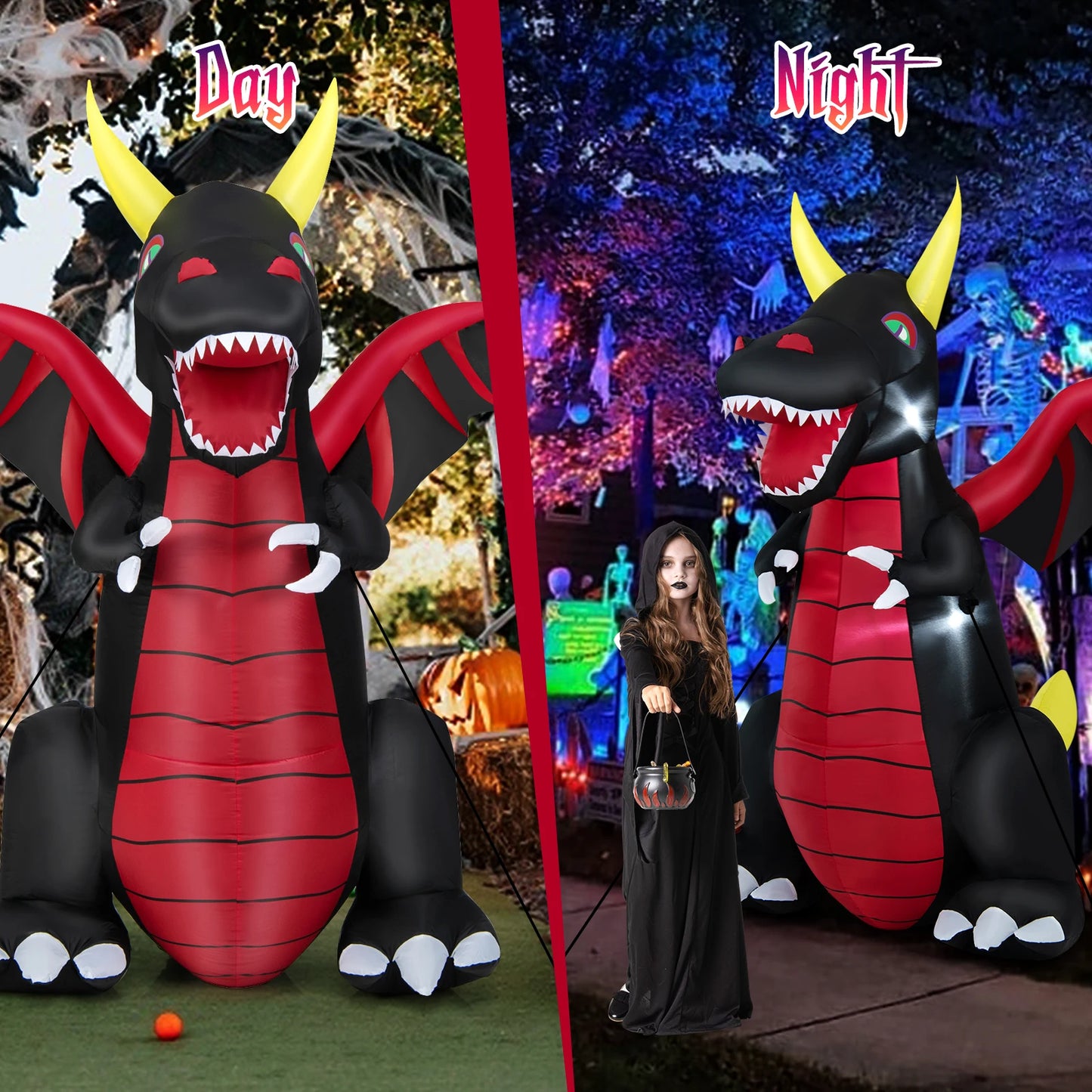 8 FT Halloween Inflatable Fire Dragon Giant Blow up Decoration with LED Lights