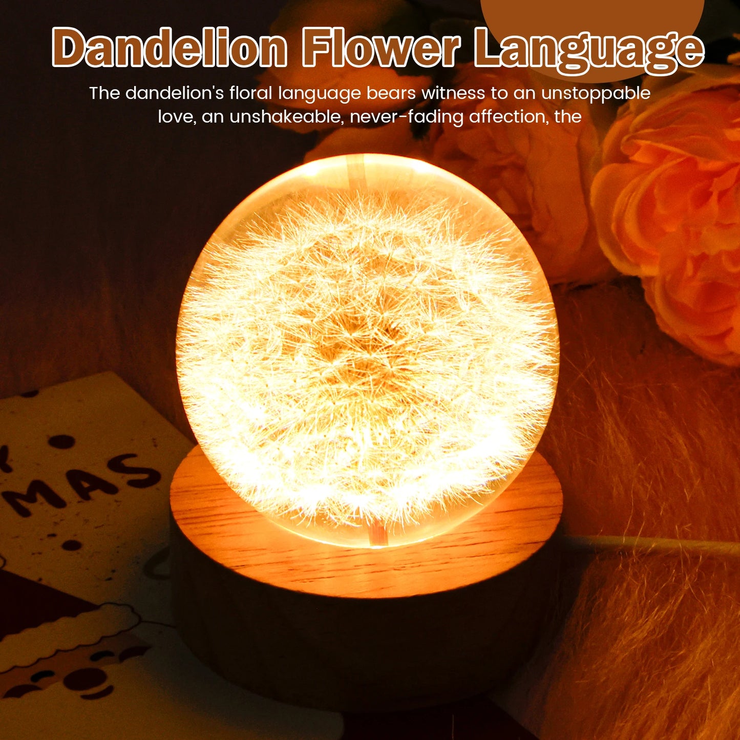 Dandelion Crystal Ball with Wooden Base USB Powered Dandelion Crystal Ball Night Lamp Fancy Crystal Ball for Home Decoration