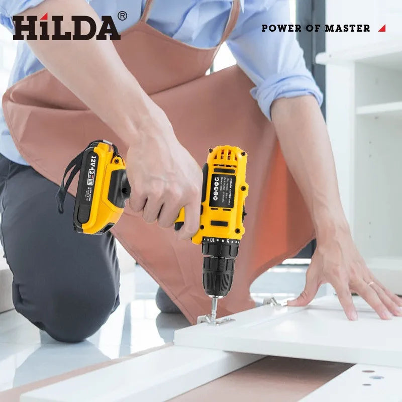 HILDA 21V Cordless Drill Electric Screwdriver  Wireless Power With Battery Driver Power Tools Yellow Drill