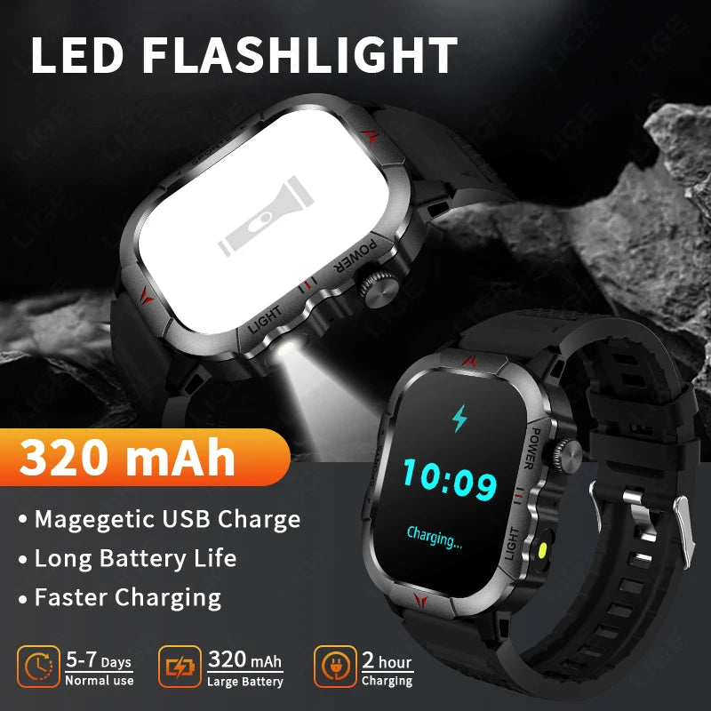 2024 New With Flashlight Smart Watch Men Outdoor Sports Blood Pressure Waterproof Watches Bluetooth Call Smartwatch For Android