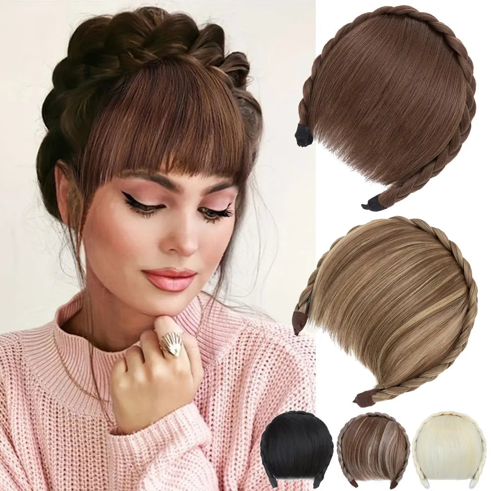 NEW Elegant Braided Headband With Hair Bang for Women Hair Extensions Synthetic Bangs Braided Wig Straight Neat Bangs Hairpieces