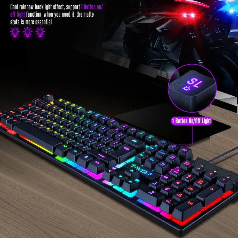 NEW T-WOLF New Keyboard Mouse Kit TF200 Office USB Wired Luminous Keyboard and Mouse Set for Home Office English Keyboards