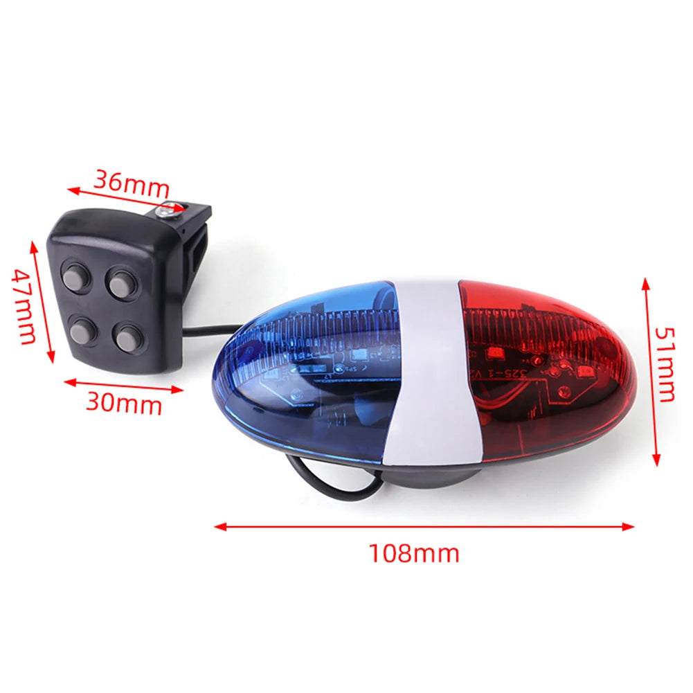 Bicycle Police Siren 4 Sounds Melody Bicycle Power Horn Siren Bell 6-LED Strobe Blue and Red Bicycle Safety Light for Kids Bike