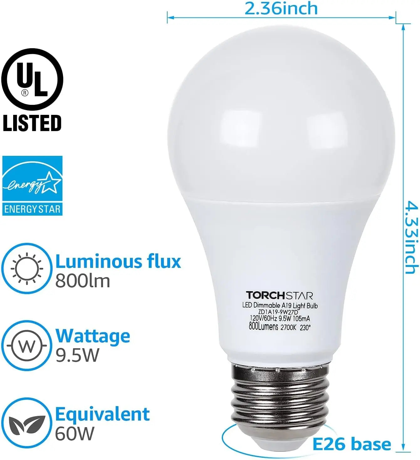 6 Pack A19 LED Bulb 60W Equivalent, 2700K Softe White, Dimmable Standard LED Light Bulbs 9.5W, E26 Base