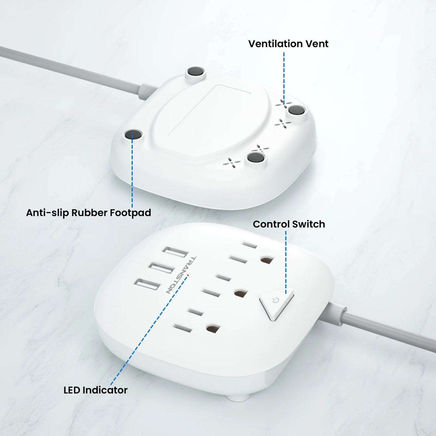 Power socket with switch, 3 sockets, 3 USB Ports, 5ft Extension Cord, Quick Charge, Fire Resistant, For Home and Office, White