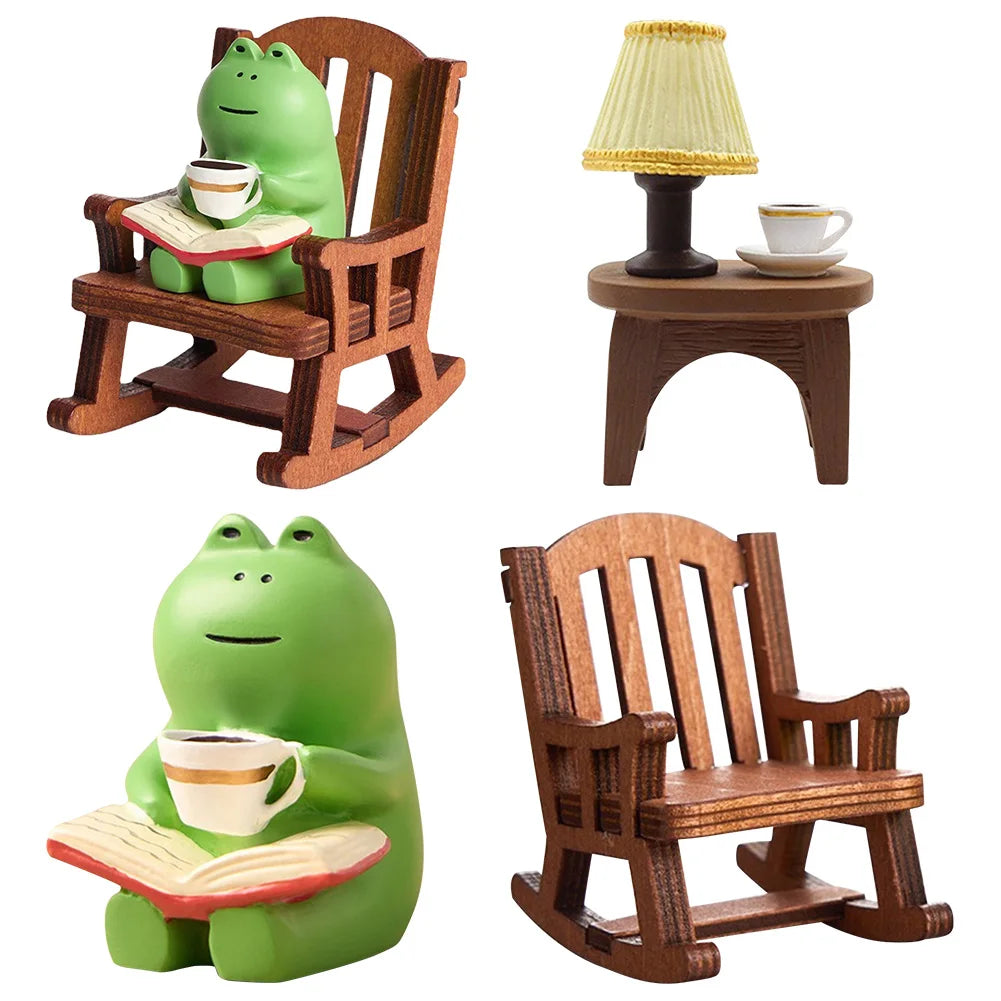 Handmade DIY Micro Rocking Chair Cute Mini Frog Resin Figurine Rocking Chair Design with Book Coffee Home Office Desktop Crafts