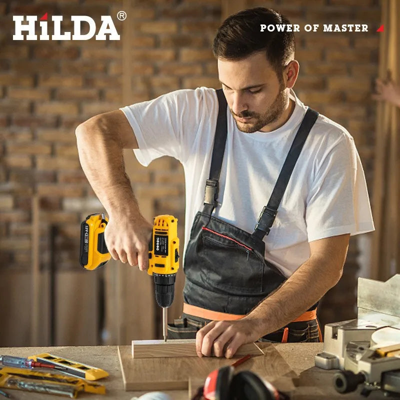 HILDA 21V Cordless Drill Electric Screwdriver  Wireless Power With Battery Driver Power Tools Yellow Drill