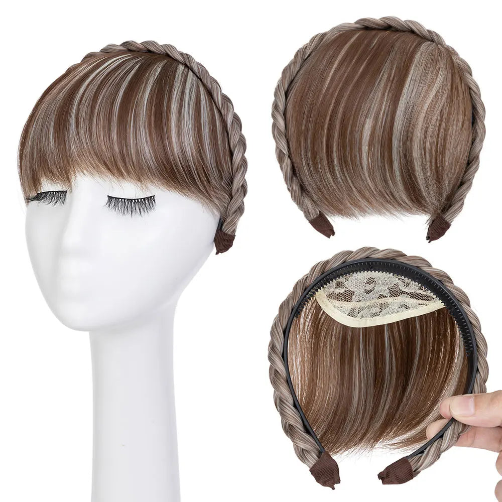 NEW Elegant Braided Headband With Hair Bang for Women Hair Extensions Synthetic Bangs Braided Wig Straight Neat Bangs Hairpieces