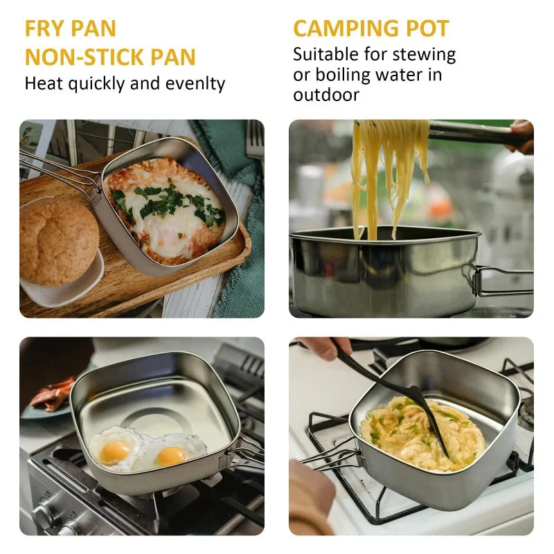 Backpacking Camping Cookware Mini Picnic Cooking Mess Kit Stainless Steel Pots Pan Plates Set for Hiking  Bushcraft and Picnic